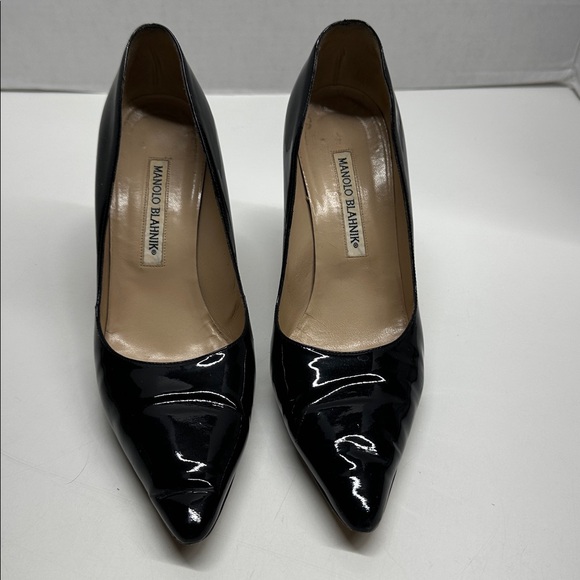 Manolo Blahnik High Heel Shoes Patent Shiny Leather Pointed Toe Black Size 7.5 - Picture 2 of 10